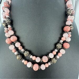 Pink Stone & Quartz Beaded Necklace Two Layer Silver-tone Bead Rose Spacers 18”